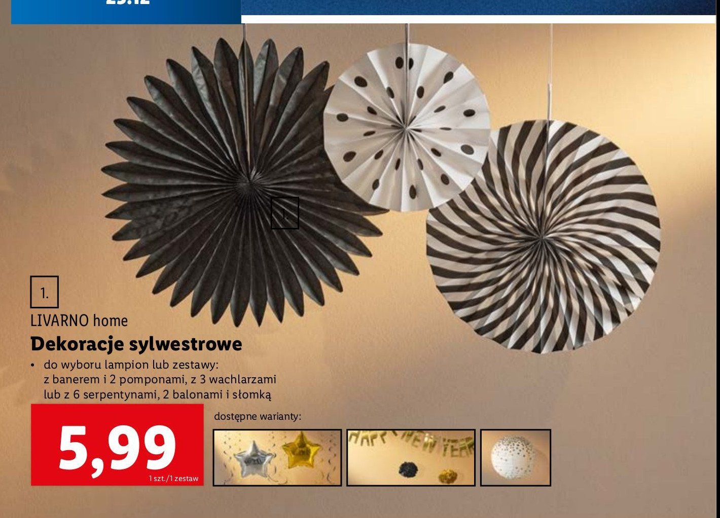 Dekoracja sylwestrowa z serpentynami balonami i słomką LIVARNO HOME promocja w Lidl