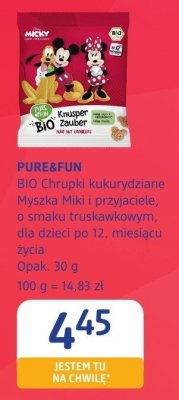Chrupki BIO kukurydziane Myszka Miki i przyjaciele o smaku truskawkowym dla dzieci po 12 miesięcy życia PURE&FUN promocja w Drogerie DM