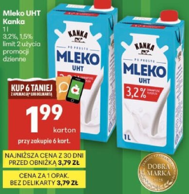 Mleko UHT Kanka 3,2% i 1,5% promocja w Delikatesy Centrum