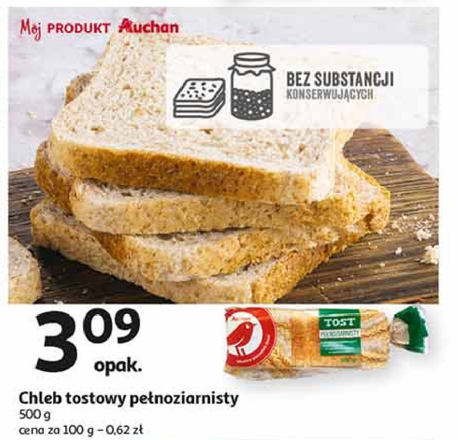 Chleb tostowy pełnoziarnisty Auchan różnorodne (logo czerwone) promocja