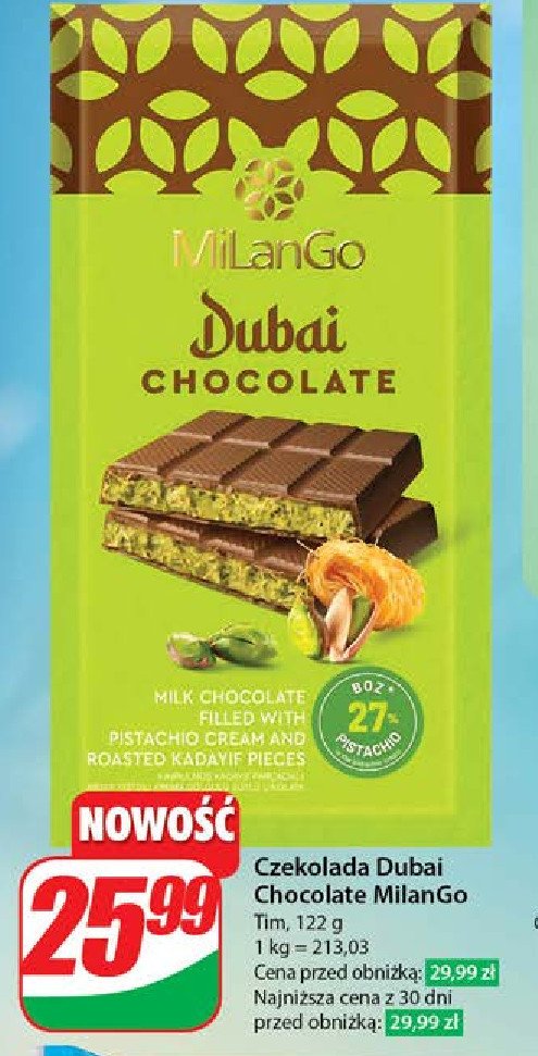 Czekolada dubajska z pistacjami Milango promocja
