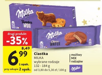 Ciastka MILKA wybrane rodzaje, 132 - 184 g, od 3,80 do 5,30 zł / 100 g promocja w Intermarche