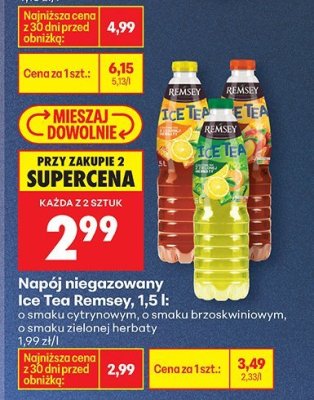 Napój niegazowany Ice Tea Remsey, 1,5 l: cytrynowy, o smaku brzoskwiniowym, o smaku zielonej herbaty promocja w Biedronka