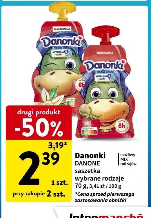 Jogurt w saszetce truskawka Danonki promocja w Intermarche
