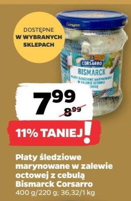 Płaty śledziowe marynowane w zalewie octowej z cebulą Bismarck Corsarro promocja w Netto