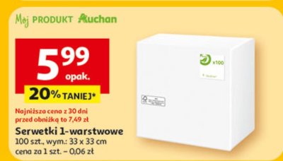 Serwetki 1-warstwowe 100 szt., wym.: 33 x 33 cm Auchan promocja w Auchan
