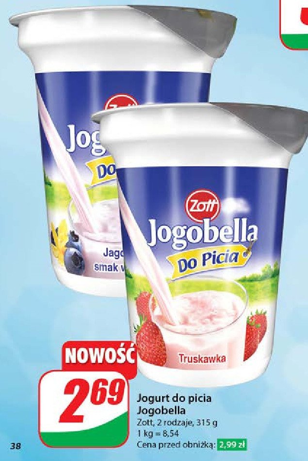 Jogurt truskawka Zott jogobella do picia promocja w Dino