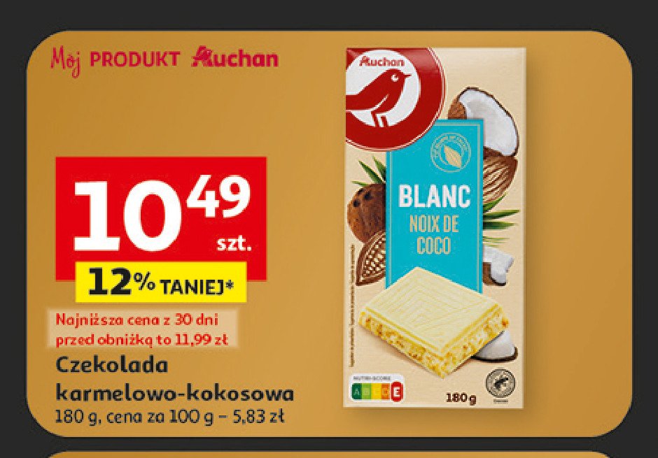 Czekolada biała z wiórkami kokosowymi Auchan promocja