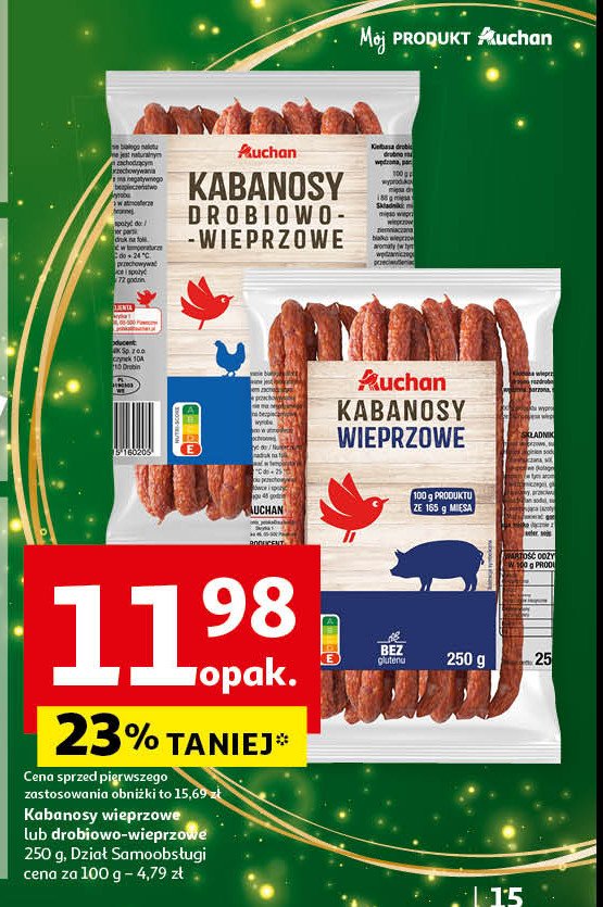 Kabanosy drobiowo-wieprzowe Auchan różnorodne (logo czerwone) promocja w Auchan