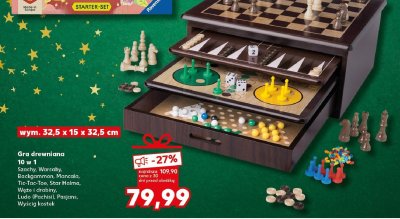 Gra drewniana 10 w 1 Szachy, Warcaby, Backgammon, Mancala, Tic-Tac-Toe, Star Halma, Wężę i drabiny, Ludo (Pachisi), Pasjans, Wyścig kostek  promocja w Kaufland