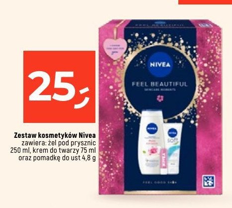 Zestaw w pudełku feel beautiful żel pod prysznic rose & almond oil 250 ml + krem do twarzy i ciała soft 75 ml + pomadka do ust rose 4.8 g Nivea zestaw promocja w Dealz