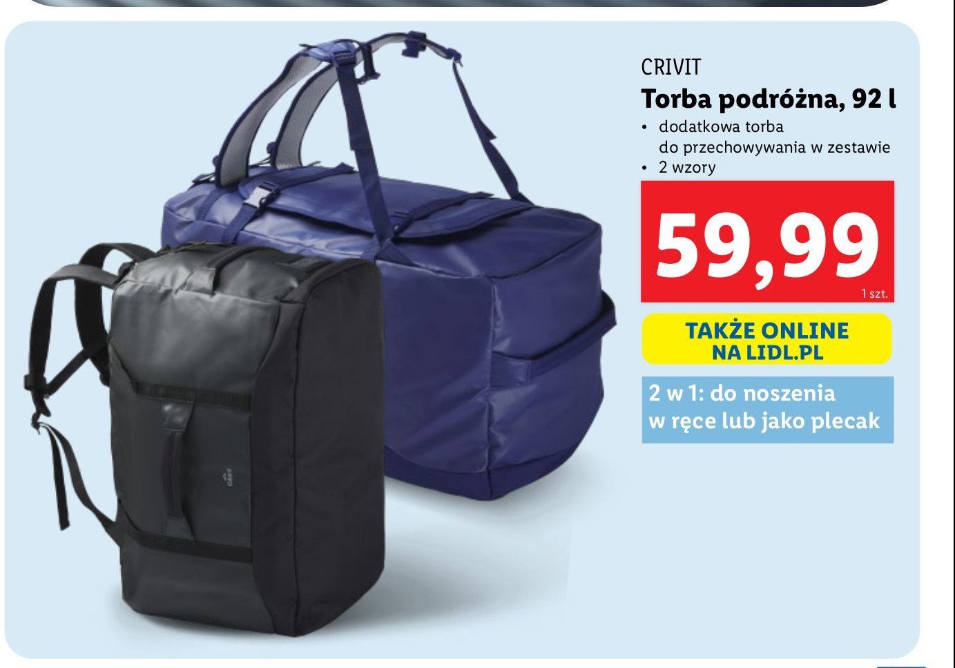 Torba 92 l 64 x 32 x 36 cm Crivit promocja w Lidl