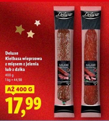Kiełbasa wieprzowa z mięsem z jelenia lub z dzika Deluxe promocja w Lidl
