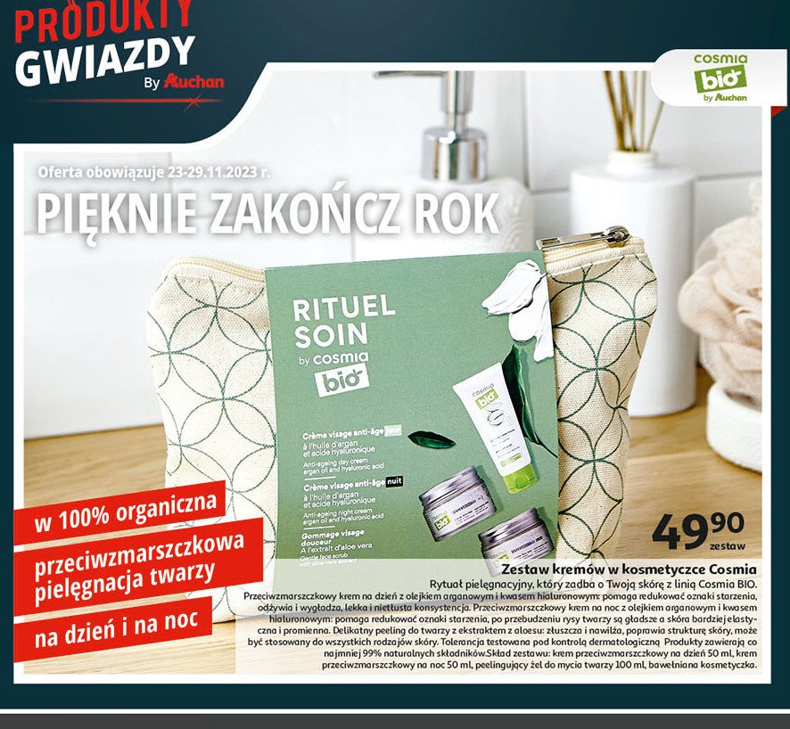 Zestaw w pudełku: żel peelingujący do twarzy 100 ml + krem przeciwzmarszczkowy na noc 50 ml + krem przeciwzmarszczkowy na dzień 50 ml Cosmia bio promocja