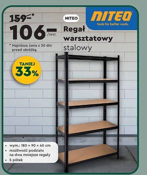 Regał warsztatowy 180 x 90 x 40 cm Niteo tools promocja w Biedronka