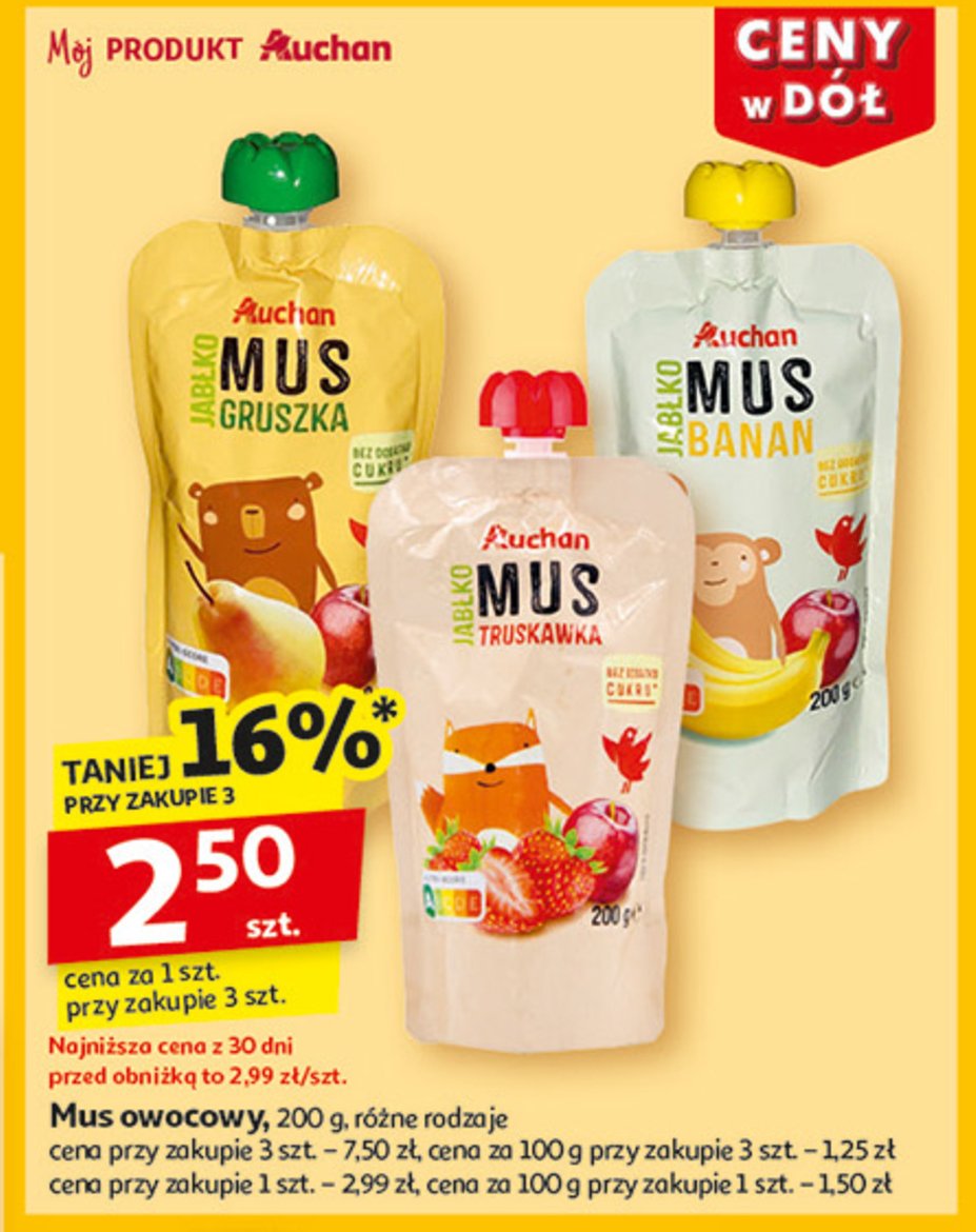 Mus jabłko-truskawka Auchan różnorodne (logo czerwone) promocja w Auchan