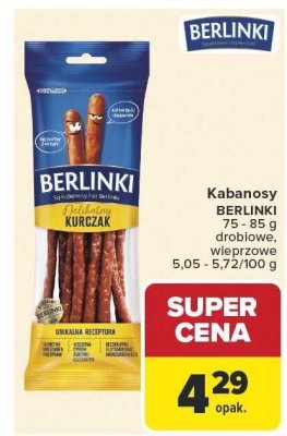 Kabanosy BERLINKI drobiowe, wieprzowe 75-85g promocja w Carrefour