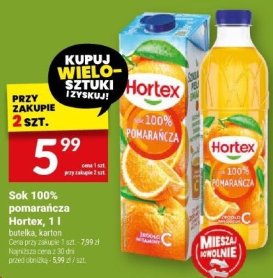 Sok 100% pomarańcza Hortex, 1 l butelka, karton promocja w Twój Market