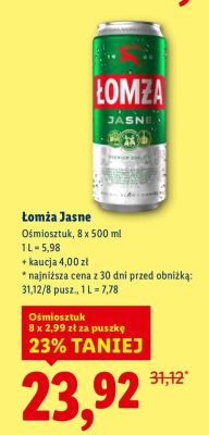 Piwo Łomża Jasne ośmioszutk promocja w Lidl