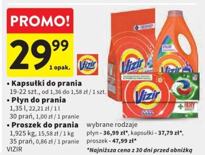 Kapsułki do prania VIZIR 19-22 szt., Płyn do prania VIZIR 30 prań 1,35 l, Proszek do prania VIZIR 35 prań 1,925 kg, wybrane rodzaje promocja w Intermarche