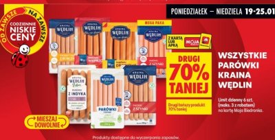 Wszystkie parówki Kraina Wędlin DRUGIE -70% promocja w Biedronka