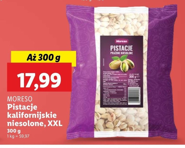 Pistacje prażone niesolone Moreso promocja w Lidl