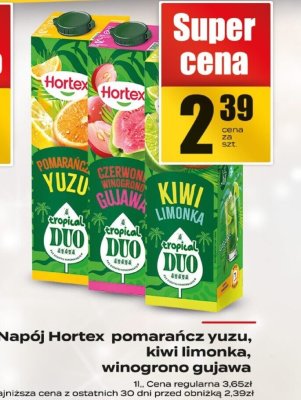 Napój Hortex pomarańcz yuzu, kiwi limonka, winogrono gujawa promocja w Supeco