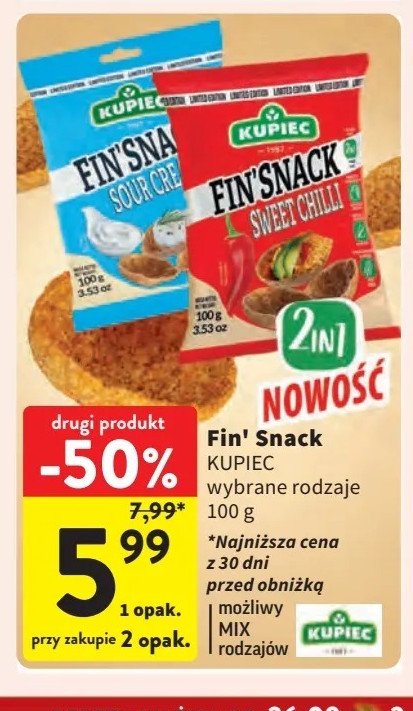 Snacki sour cream Kupiec fin'snack promocja w Intermarche