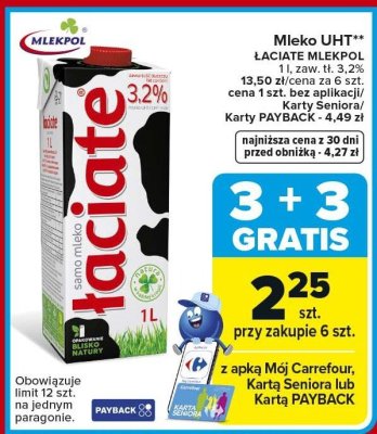 Mleko UHT łaciate MLEKPOL 3,2% promocja w Carrefour Market