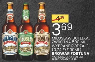 Piwo Miłosław butelka zwrotna 500 ml wybrane rodzaje (0,74 zł/100ml) Browar Fortuna promocja w Wafelek