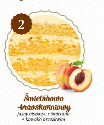 Tort śmietanowo-brzoskwiniowy (jasny biszkopt + śmietana + kawałki brzoskwini) Ciastkarnia Natalia i Szymon promocja w TOPAZ
