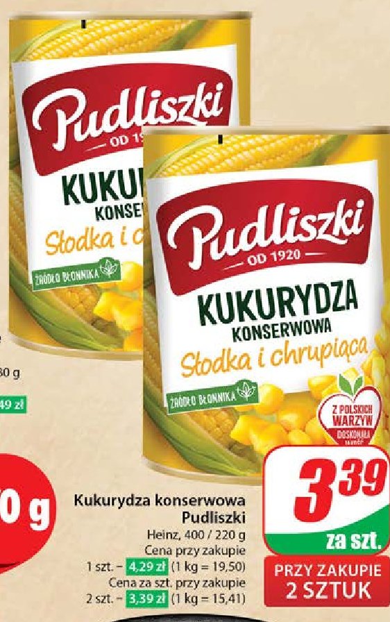 Kukurydza konserwowa słodka i chrupiąca Pudliszki promocja w Dino