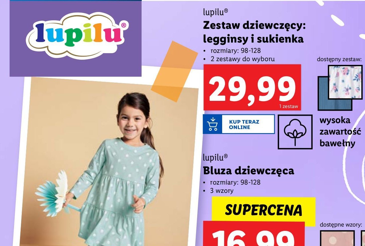 Legginsy + sukienka dziewczęca 98-128 Lupilu promocja