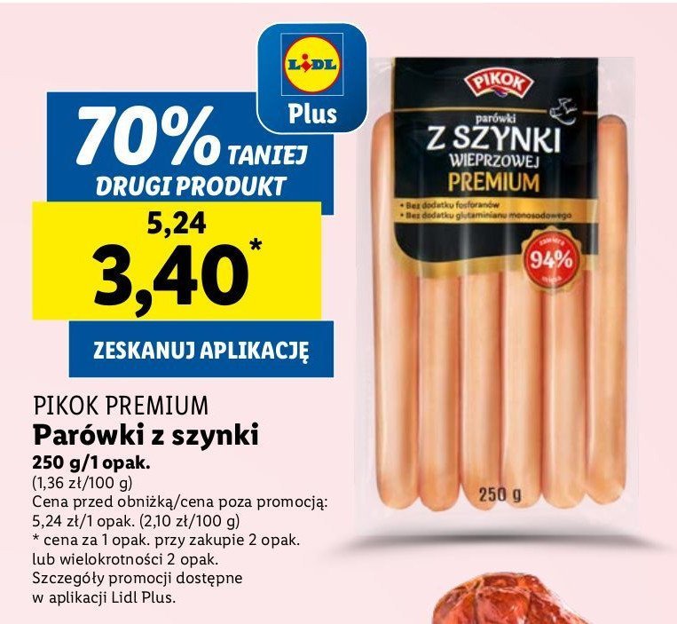 Parówki z szynki wieprzowej Pikok promocja