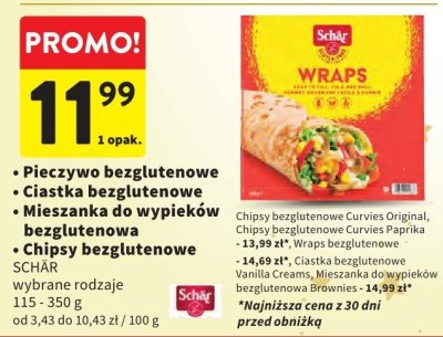 Pieczywo bezglutenowe SCHÄR, Ciastka bezglutenowe, Mieszanka do wypieku bezglutenowa, Chipsy bezglutenowe wybrane rodzaje, 115 - 350 g, od 3,43 do 10,43 zł / 100 g promocja w Intermarche