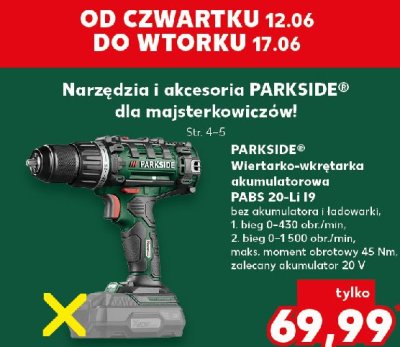 Wiertarko-wkr臋tarka akumulatorowa 20v pabs 20-li i9 Parkside promocja