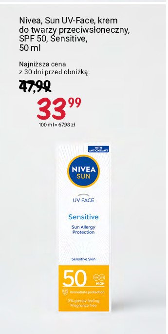 Ochronny krem do twarzy sensitive spf 50+ Nivea sun uv face promocja