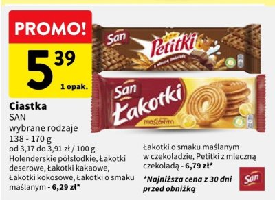 Ciastka San wybrane rodzaje Łakotki o smaku maślanym w czekoladzie, Petitki z mleczną czekoladą promocja w Intermarche