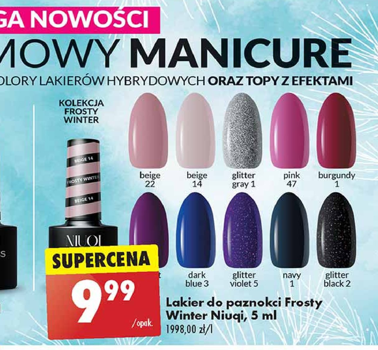 Lakier frosty winter glitter violet 5 Niuqi promocja w Biedronka