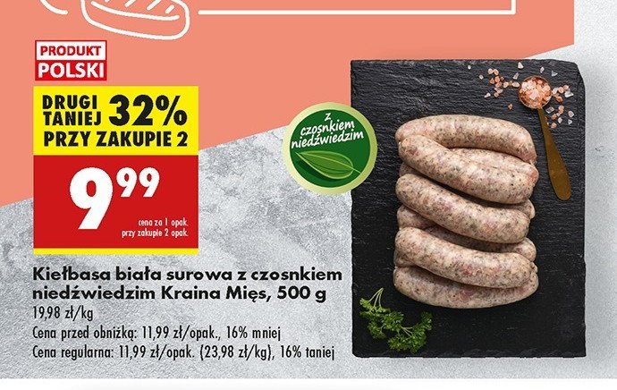 Kiełbasa biała surowa z czosnkiem niedźwiedzim Kraina mięs promocja