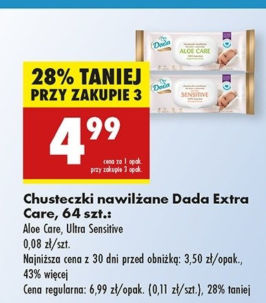 Chusteczki wilgotne aloe care Dada extra care promocja w Biedronka