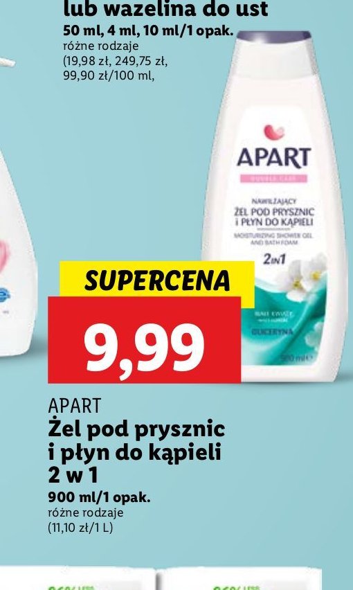 Nawilżający płyn do kąpieli i żel pod prysznic 2w1 białe kwiaty Apart double care promocja