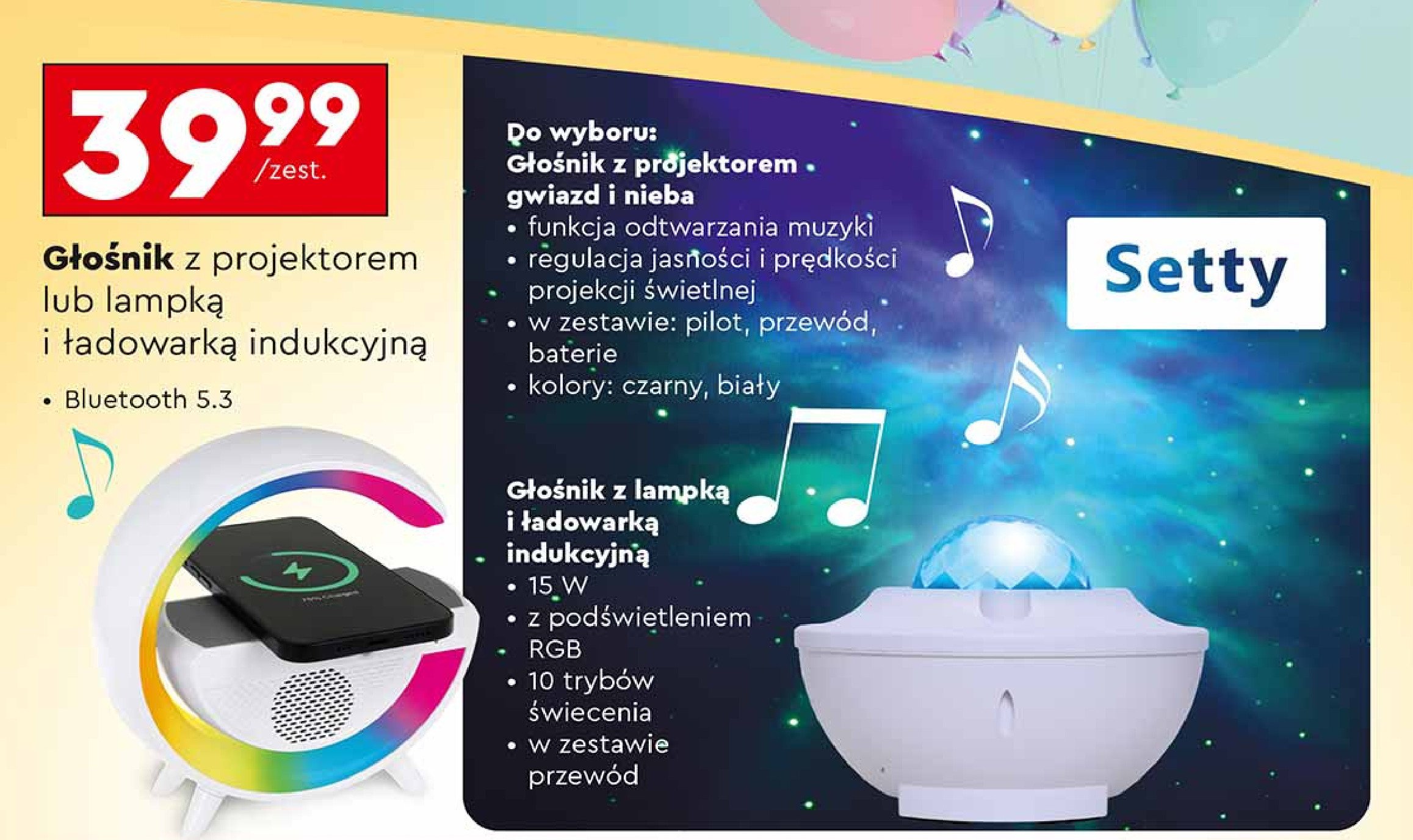 Głośnik z lampką i ładowarką indukcyjną Setty promocja w Biedronka