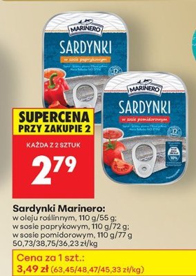Sardynki Marinero w oleju roślinnym 110 g/55g; w sosie paprykowym 110 g/72g; w sosie pomidorowym 110 g/77g promocja w Biedronka
