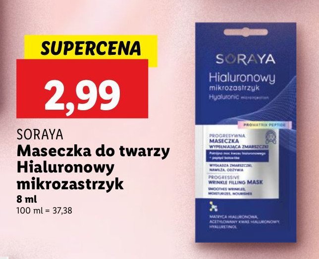 Maseczka wypełniająca zmarszczki SORAYA HIALURONOWY MIKROZASTRZYK promocja w Lidl