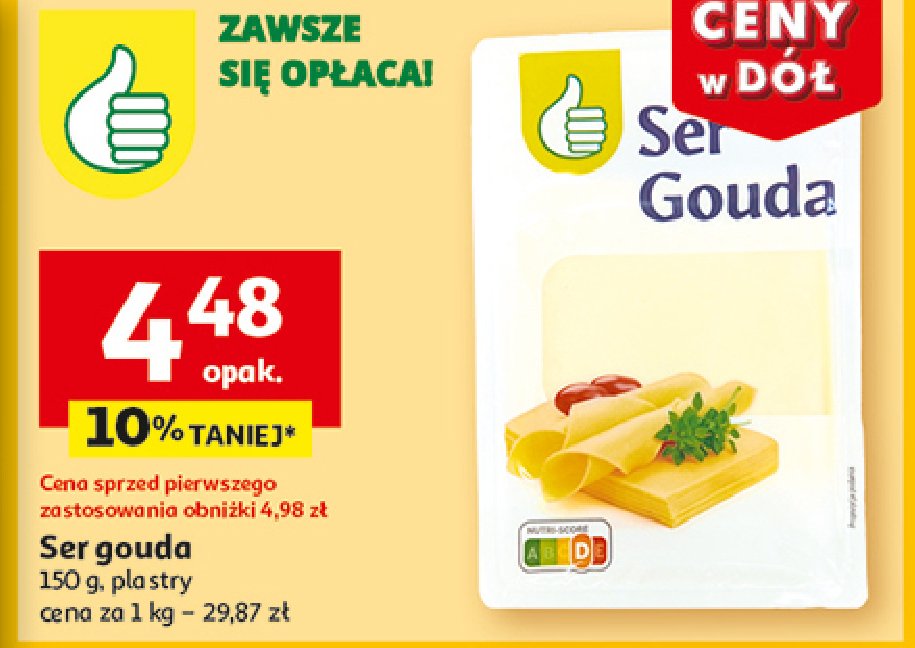 Ser gouda plastry Podniesiony kciuk promocja w Auchan