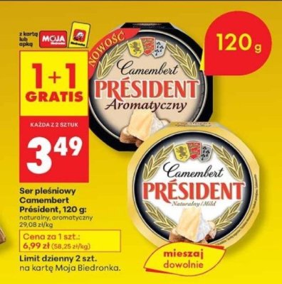 Ser pleśniowy Camembert Président naturalny 120g promocja w Biedronka