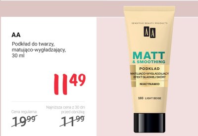Podkład do twarzy AA Matt & Smoothing matująco-wygładzający promocja w Rossmann