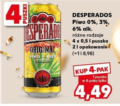 Piwo Desperados 0%, 3%, 6% alk. różne rodzaje 4x0.5l promocja w Kaufland