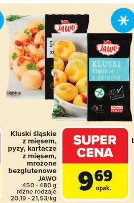 Kluski śląskie i mięsne pyzy, kartacze z mięsem, mrożone bezglutenowe JAWO 450-480g promocja w Carrefour